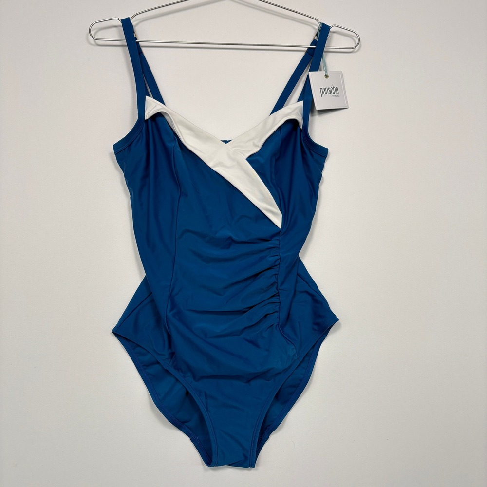 NWT Panache Women Portofino Swimsuit 34F Petrol Blue White Underwire One Piece